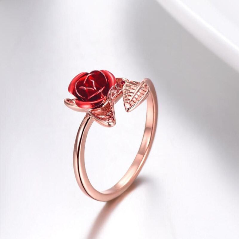 Frauen Ring Rote Rose Garten Blume Blätter Öffnen Ring Resizable Finger Ringe Für Frauen Valentinstag Schmuck