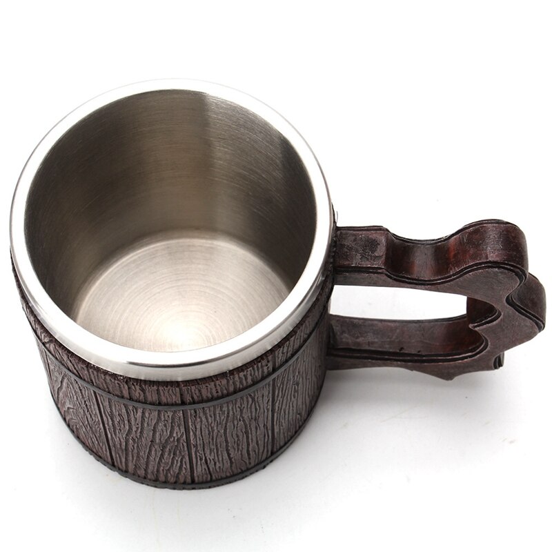 Wood Beer Mug 450Ml Simulation Wooden Barrel Mug Office General Resin Stainless Steel Liner Water Cup