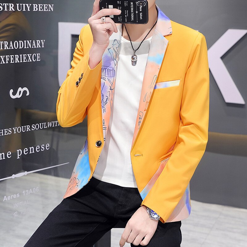 Spring Men Blazers Splicing Casual Slim Fit Suit Jacket Wedding Business Dress Coat Streetwear Social Men Clothing: Yellow / Asian size M