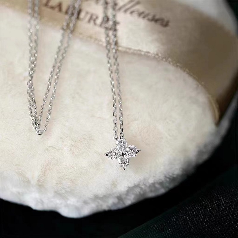 Anziw Glücksklee-Halskette, vierblättrig, zertifiziert, D0,40 CT, Moissanit-Anhänger, massives 925er-Sterlingsilber, Damen-Charme, Schmuck,