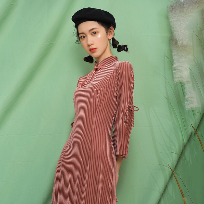 Vestidos de mujer elegantes primavera otoño terciopelo dorado chino nuestro vestido cheongsam mangas acampanadas cheongsam Midi-Vestidos largos