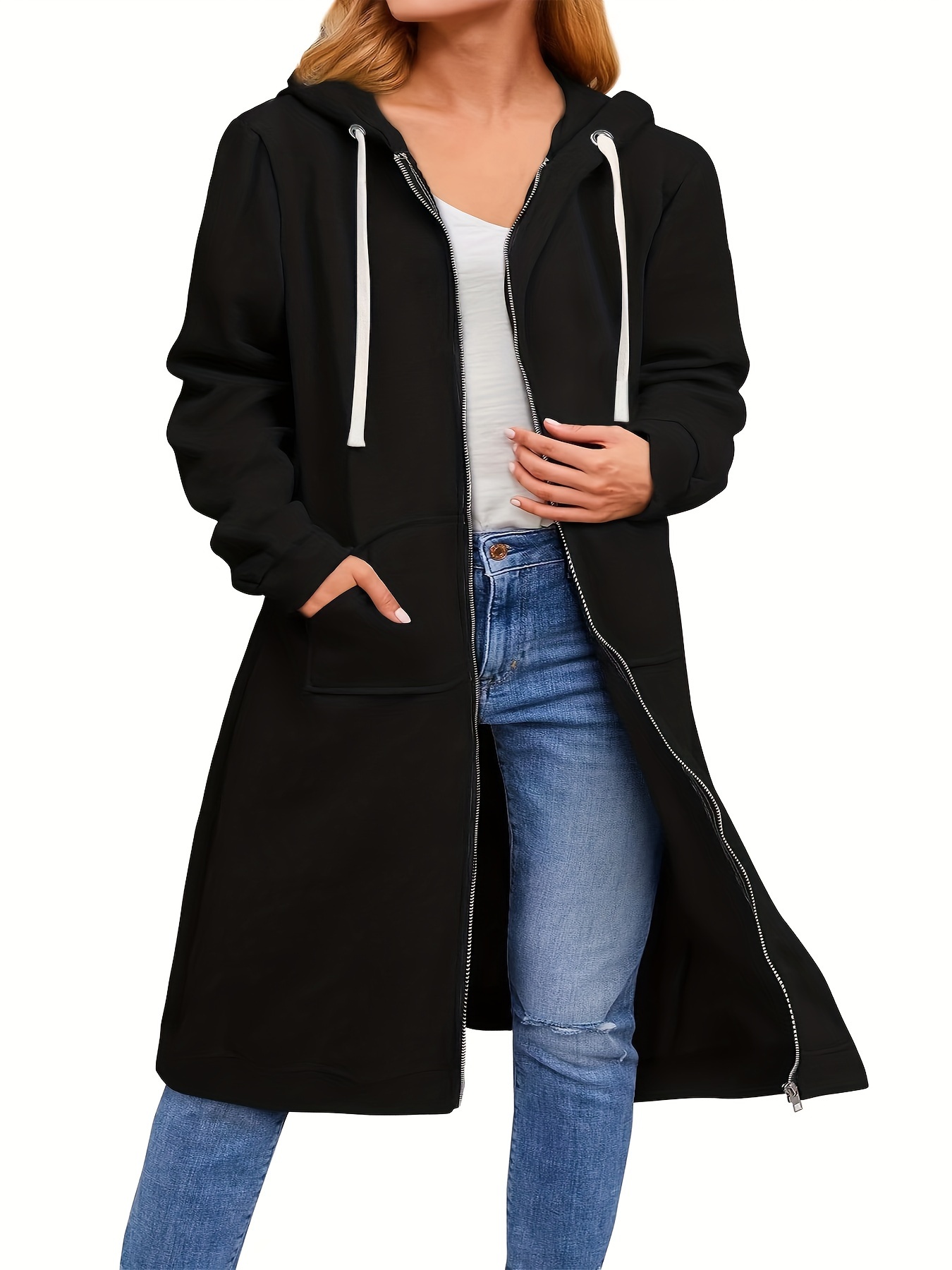 Plus-Größe-Kapuzenpullover für Damen, lässige Kapuzenpullover mit durchgehendem Reißverschluss, bequeme lange Damen-Kapuzenpullover, modische Sweatshirts mit Taschen: 3XL / Schwarz
