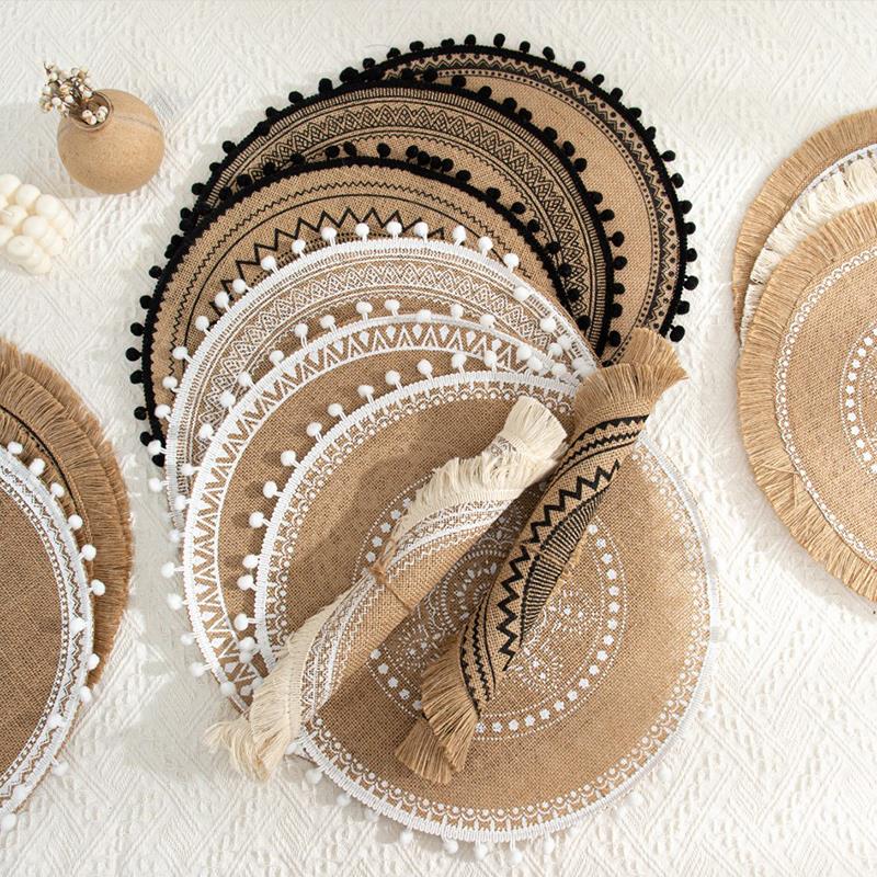 Napperon de Table à manger rond en Jute avec pompon, napperon tissé antidérapant, tapis isolant, dessous de verre pour café, décoration de la maison,
