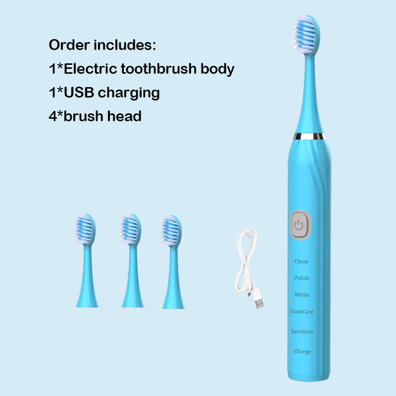 Cepillo de dientes eléctrico, vibrador ultrasónico, blanqueamiento dental, carga rápida por USB, cepillo de dientes sónico recargable, resistente al agua IPX7: Multicolor