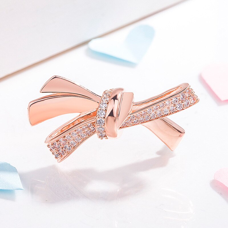 Genuino 925 plata esterlina Rosa oro espumoso de arco brillante con cuentas de cristal Fit Pan pulsera y collar Jewe