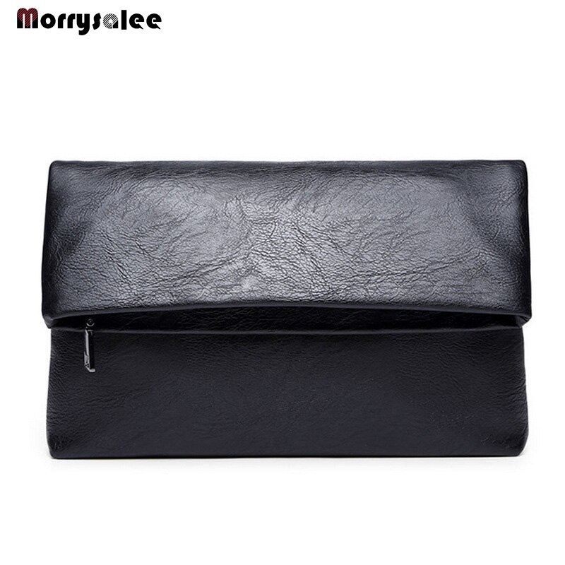 Bolso de mano de cuero negro para hombre, cartera de negocios, sencillo, de gran capacidad, plegable