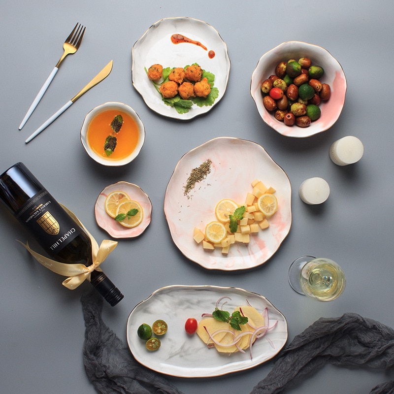 1Pc Glod Marmer Keramische Diner Schotel Plaat Rijst Salade Noedels Soepkom Saus Sushi Vis Plaat Servies Sets Servies