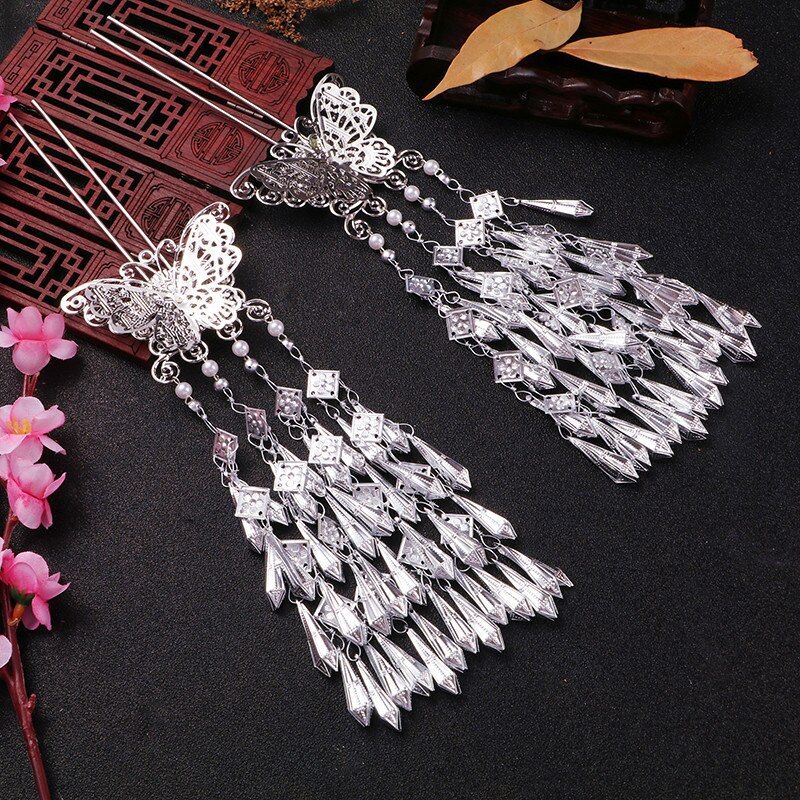 Hanfu-coiffure rétro, accessoires pour cheveux longs multicouches, petits bijoux, frange fraîche, Imitation argent Miao, peigne: U hairpin pair