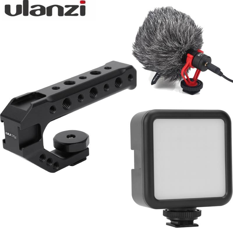 UURIG R005 Universal DSLR Camera Rig Hand Grip Camera Top Handle Cold Shoe Mount 1/4''&3/8'' Holes Aluminum Alloy Camera Handle: Handle Mic LED