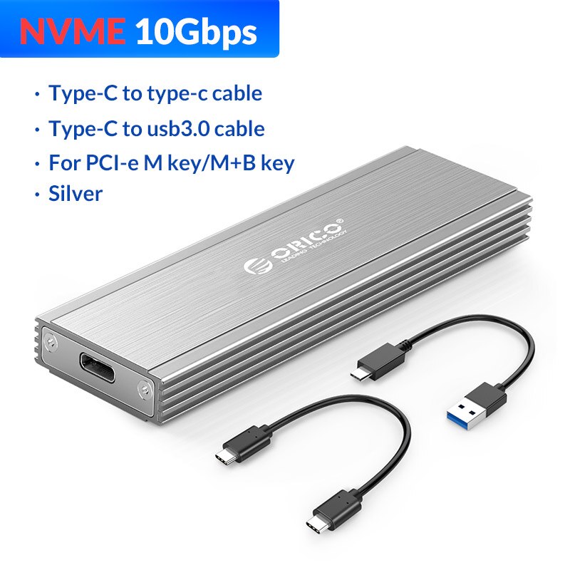 ORICO M.2 SSD Enclosure Adapter NVMe NGFF Aluminum M2 SSD Case USB3.1 Type-C Gen2 10Gbps for 2230/2242/2260/2280 SSD Up to 2TB: NVME - 10Gbps Silver