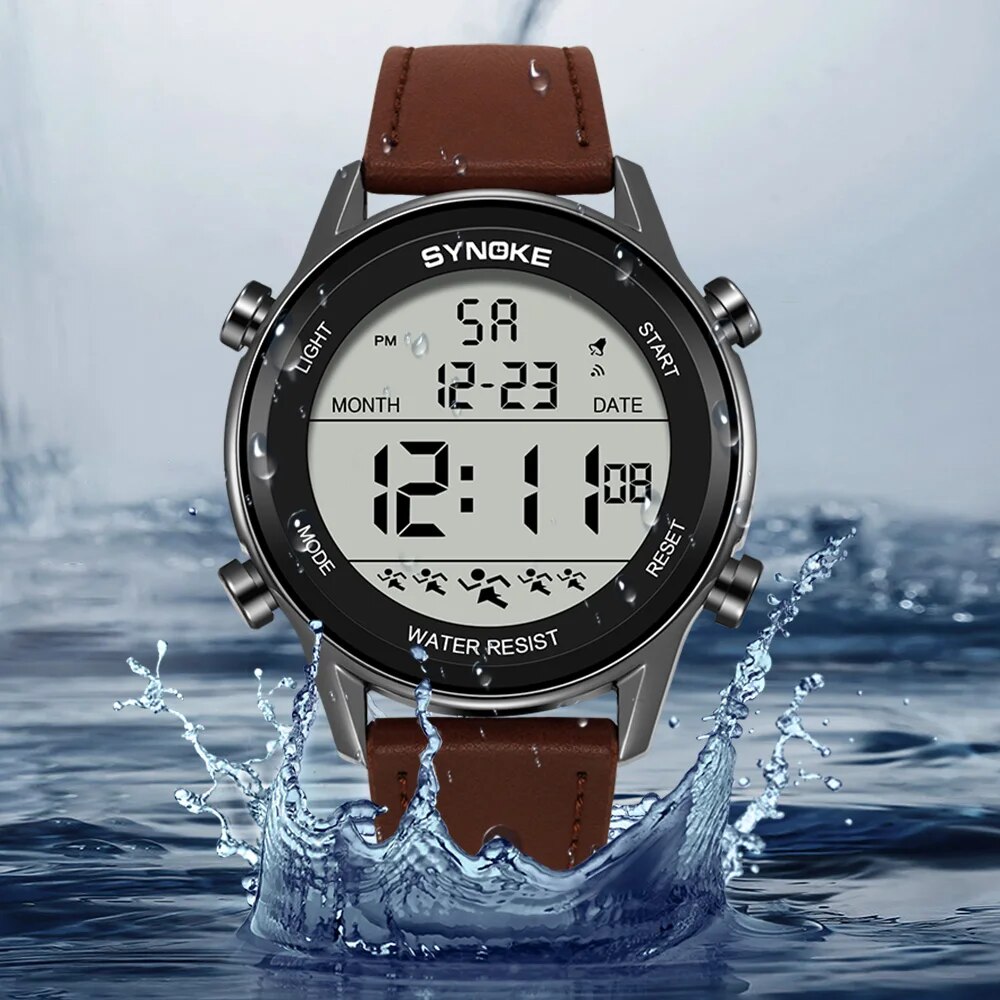 Synoke Mannen Buitensporten Multifunctionele Waterdichte Groot Scherm Display Lichtgevende Digitale Led Voor Mannen Mode Riem Horloge