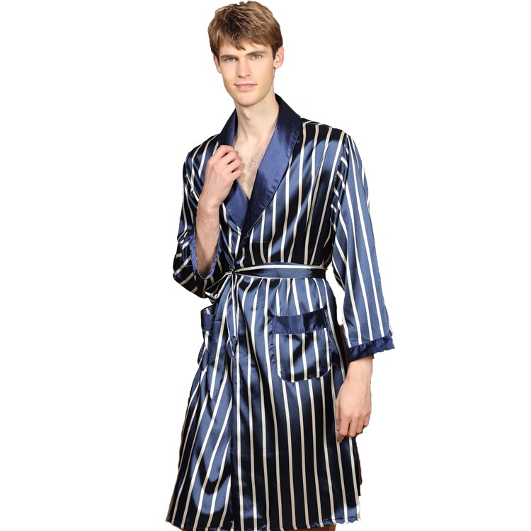 Plus størrelse 5xl silke morgenkåbe mænd forårssommer blå stripet sovekåbe mandlig langærmet satin kimono badekåbe nattøj
