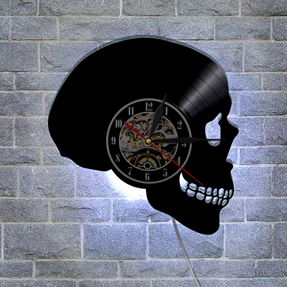 Skelet Hoofd Vinyl Record Wandklok Schedel Hoofd Silhouet Shadow Led Wandklok Batterij Operated Slaapkamer Decor Halloween