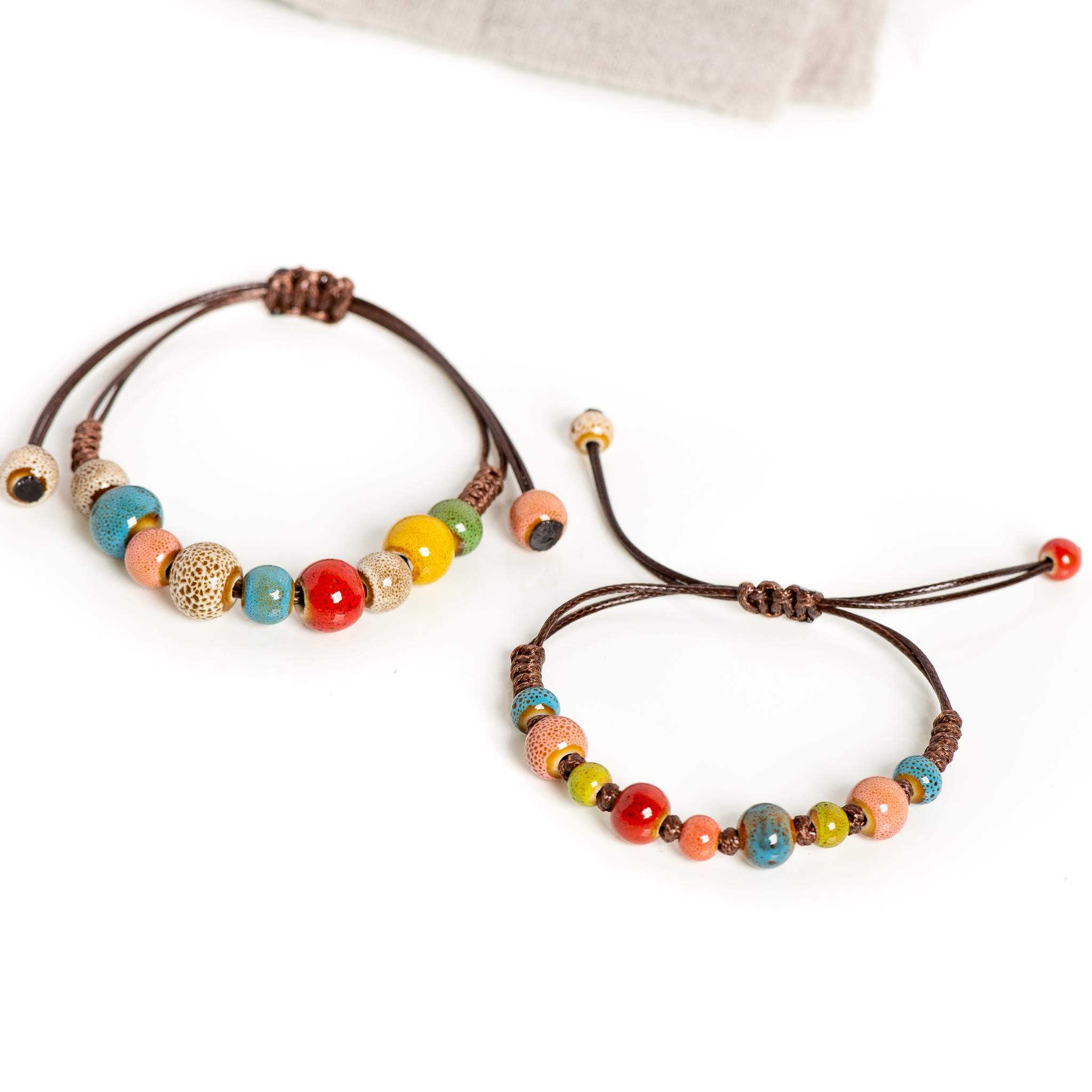 Bohemian Ceramic Bead Bracelet with Adjustable Cord 15-25cm for All Wrist Sizes