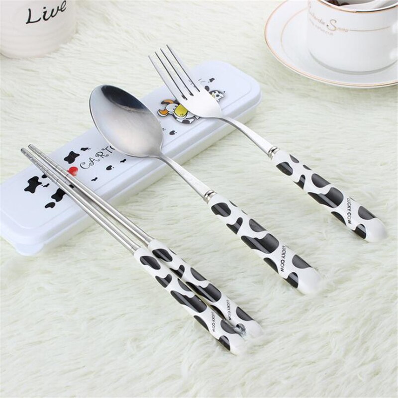 Baby Kids Cute Fork Spoon Cutlery Set Cartoon Ceramic Handle Stainless Steel Children Chopsticks Fork Cutlery Portable Tableware: Black 3pcs