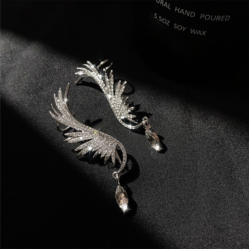 Flashbuy Enkele Koreaanse Angel Wing Strass Oorbellen Glanzend Boor Arc Oor Opknoping Clip Oorbellen Voor Vrouwen Ongebruikelijke Oor Manchet