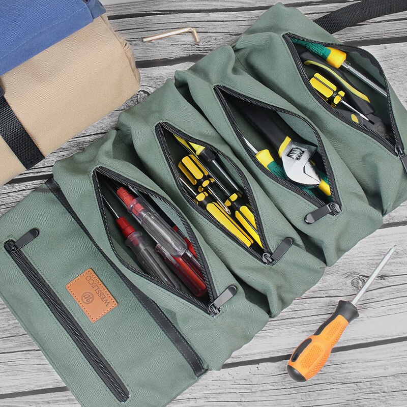 Canvas Rolling Tool Bag Roll Multi-Purpose Tool Roll Up Bag Wrench Roll Pouch Hanging Tool Zipper Carrier Tote