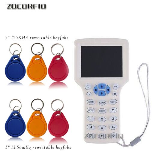 English 10 Frequency RFID Reader Writer Copier Duplicator IC/ID with USB Cable for 125Khz 13.56Mhz Cards LCD Screen Duplicator: Set of -1