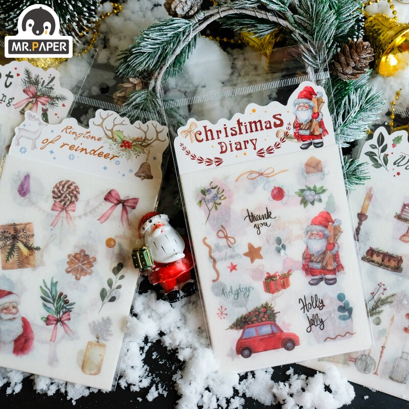 Mr.paper 4Pcs Christmas Stickers Scrapbooking Kawaii Cute Plain Sheet Stickers Diary Planner Decorative Stationery Stickers