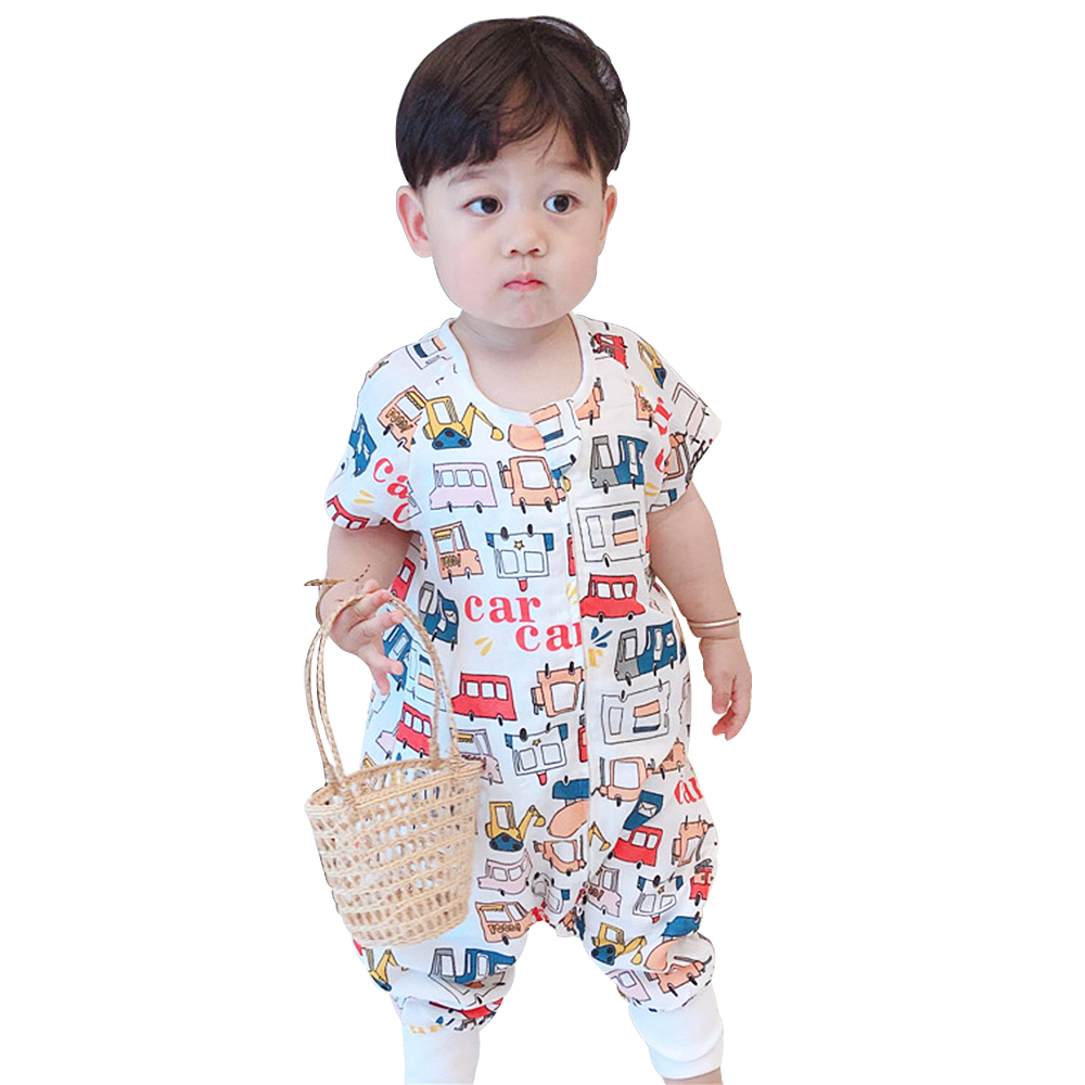 Sac de couchage d'été à manches courtes, en coton et bambou, pour bébé, avec Protection contre les coups de pied, motif dessin animé, pour garçons et filles de 1 à 3 ans: Car / M 81-90CM