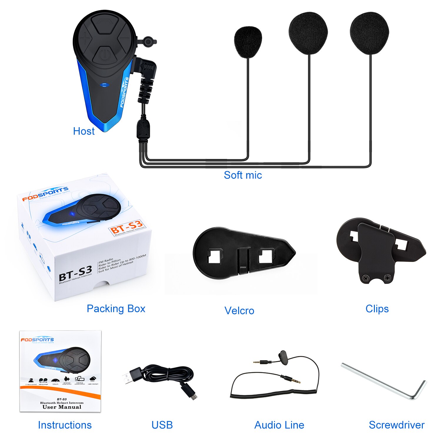 Fodsports BT-S3 Motorcycle Helmet Intercom Moto Helmet Bluetooth Headset Waterproof Intercomunicador BT Interphone FM