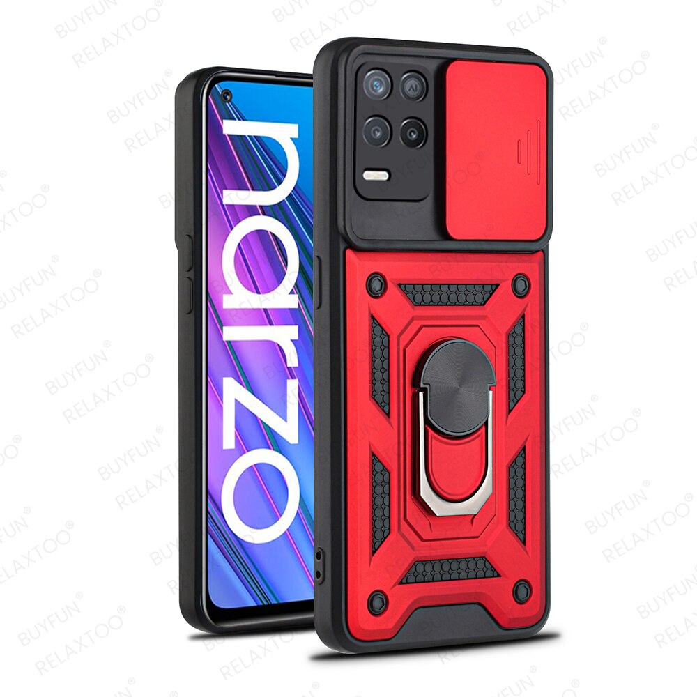 Pokrowiec na Realme Narzo 30 5G etui z pierścieniem uchwyt magnetyczny pancerz odporny na wstrząsy Coque Realmi Narzo30 5G 6.5 &#39;&#39;Push Camera Protect Funda: For Narzo 30 5G / Red-07