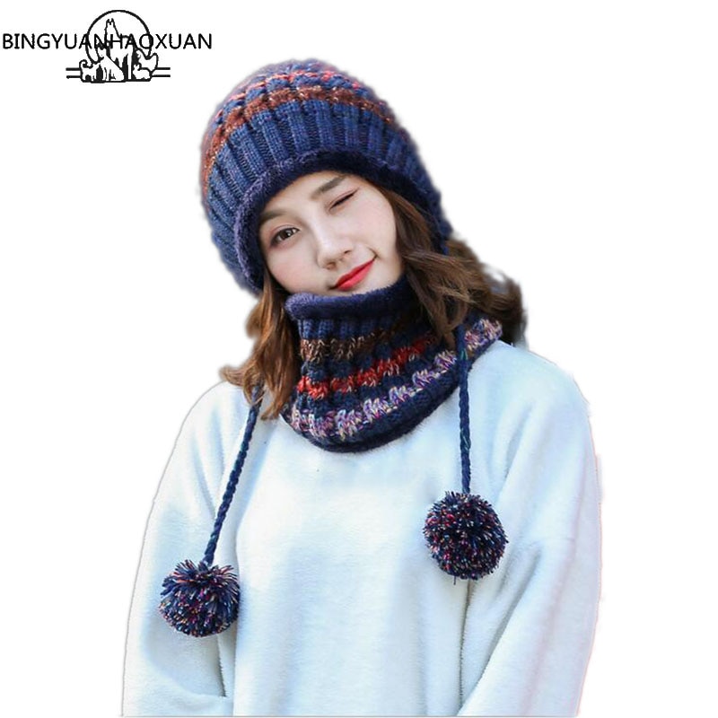 BINGYUANHAOXUAN-gorro de punto para mujer, gorros con bufanda, gorros, gorros de invierno cálido holgado para niña, gorros de lana para niña