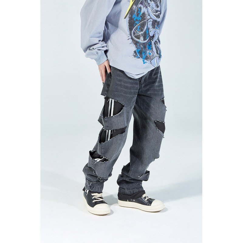 jeans strappati strappati alto strada pantaloni uomo anca salto urbano Nero Streetwear pantaloni in denim anca salto