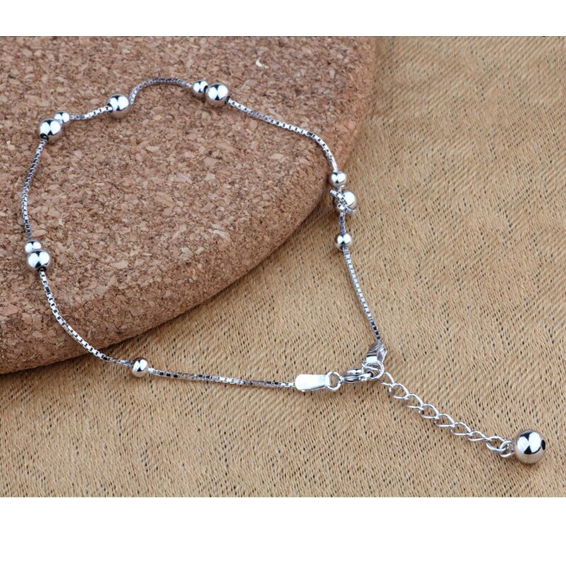 Echt Echt Puur Massief 925 Sterling Zilveren Enkelbanden Voor Vrouwen Strand Sieraden Bohemian Ronde Bal Kralen Vrouwelijke Voet Enkelband Ketting