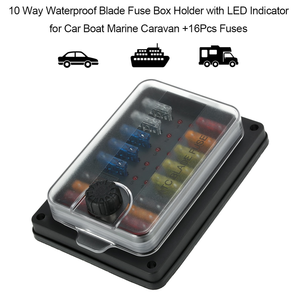 10 -vejs vandtæt blad sikringsboks holder med led indikator til bilbåd marine campingvogn  +16 stk sikringer bil styling