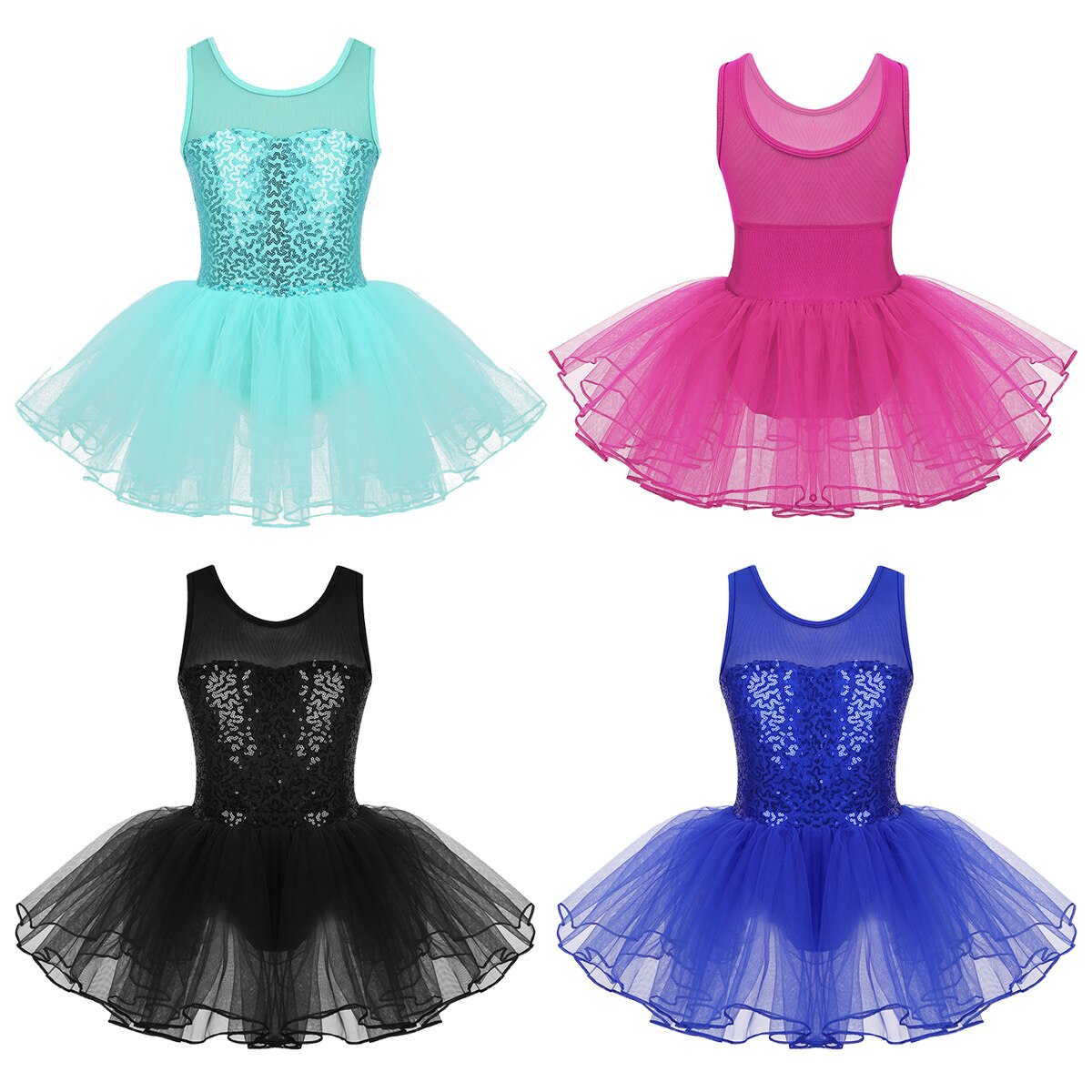 Paillettes enfants filles ballerine Dancewear sans manches maille extensible épissure Ballet danse Tulle gymnastique justaucorps maille Tutu robe