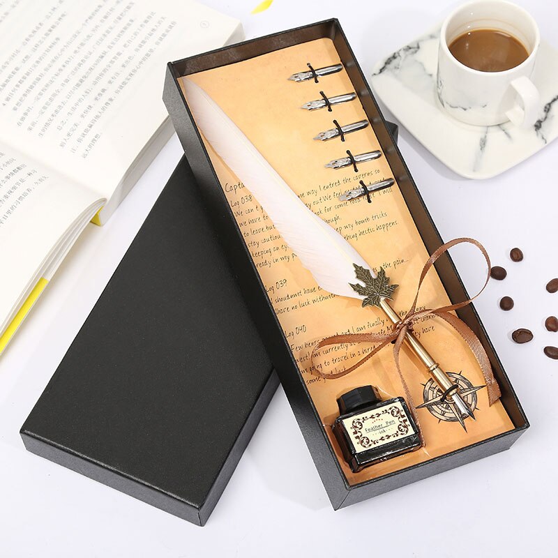 Retro Vintage Kalligrafie Veer Pen Schrijven Pen Briefpapier Geschenkdoos Bruiloft Student Briefpapier Set: white