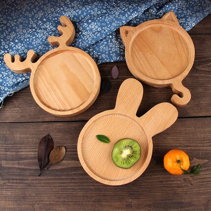 Plateau en bois japonais en bois enfants dessin animé assiette à dîner solide plat rond en bois gâteau pain dessert assiette de fruits