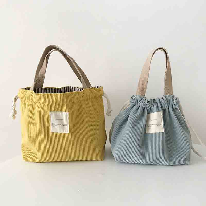 Lunch Bag Corduroy Canvas Lunch Box Drawstring Picnic Tote Eco Cotton Cloth Small Handbag Dinner Container Food Storage Bags