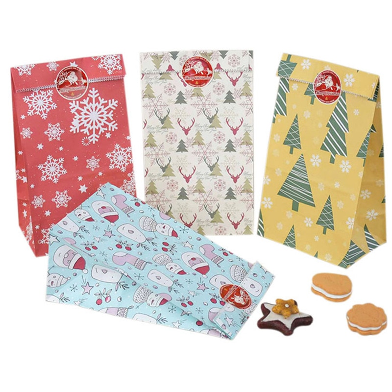 12 Stuks Mix 4 Soorten Vrolijk Kerstfeest Zakken Met Kerst Stickers Xmas Tree Kraftpapier Snoep Zakken Voor jaar Thuis Ornamenten