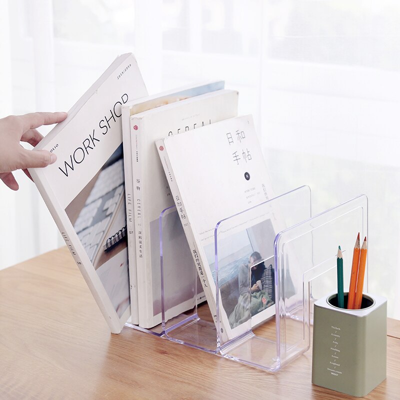 Sujetalibros de acrílico transparente, soporte de almacenamiento para revistas de plástico, estante para libros, organizador escolar, accesorios de mesa de oficina