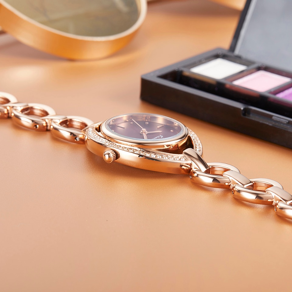 Kimio mærke kvinder luksus krystal unik urskive ur rosa guld hul armbånd kjole ure dame diamant rhinestone armbåndsur