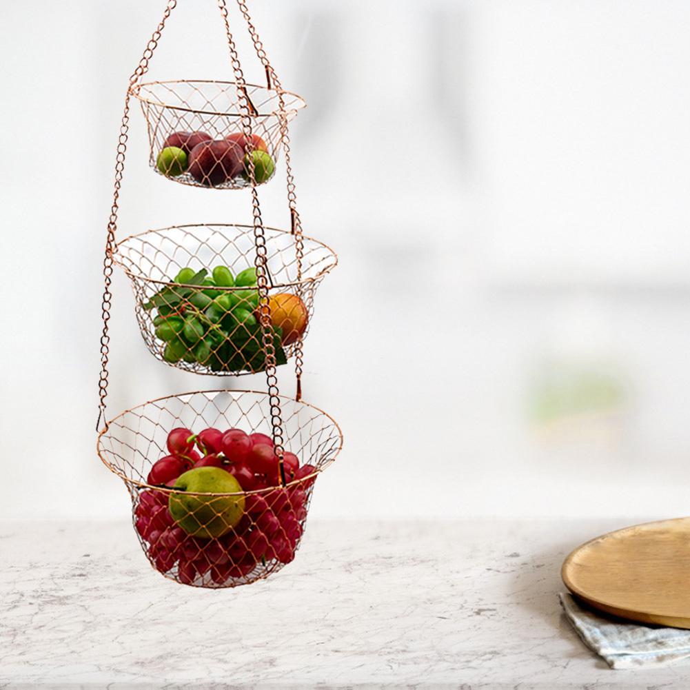 3-Tier Kitchen Hanging Fruit Basket Wire Hanging Folding Basket for Kitchen Storage