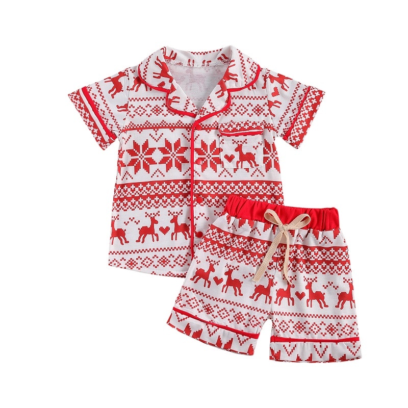 Los niños de dos piezas de ropa de dormir conjunto rojo copo de nieve y ciervo patrón impreso solapa Top + Pantalones cortos de 1-6 años