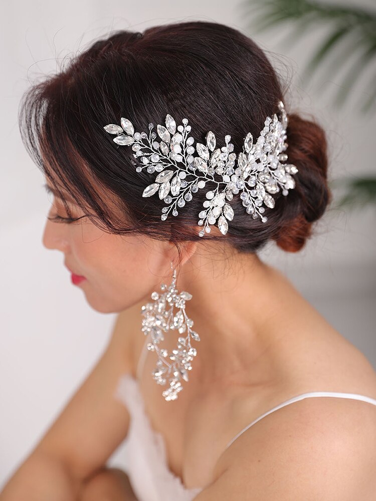 Peinados de boda, tocado de plata, joyas de diamantes de imitación para la cabeza, diadema de cristal y pendientes, conjunto de accesorios para el cabello nupcial