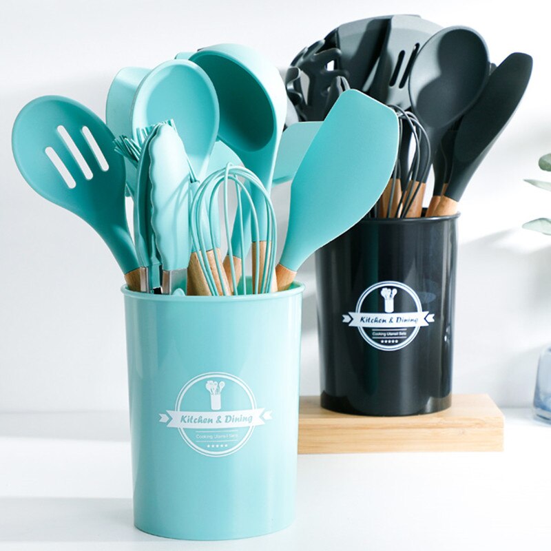 11Pcs Siliconen Koken Tools Keukengerei Houten Handvat Kookgerei Set Accessoires Non-stick Spatel Eiklopper