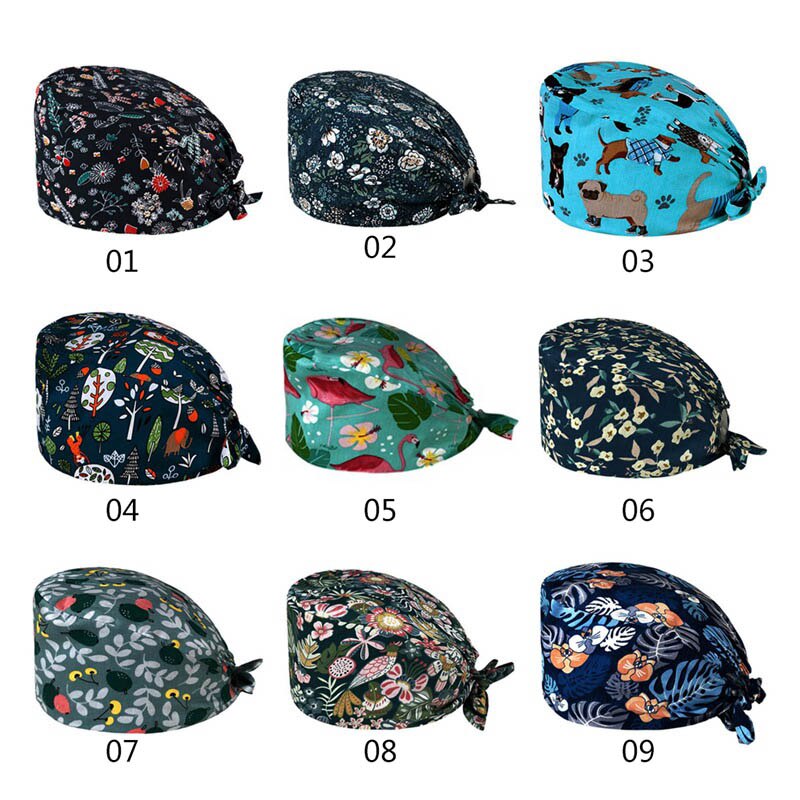 Kvinder print bomuld bandage justerbar sygeplejerske kasket med svedbånd bouffant hat mænd gorros quirofano mujer sygeplejerske uniform tilbehør