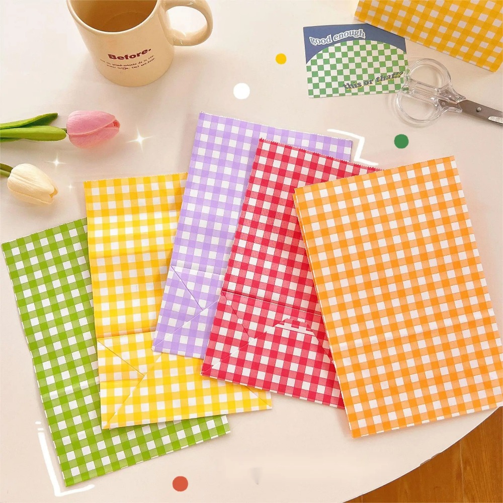 Bolsa de papel Kraft a cuadros colorida, embalaje de flores para aperitivos, galletas y dulces, bolsa de almacenamiento Vertical, de de cumpleaños y boda, 5/10 Uds.