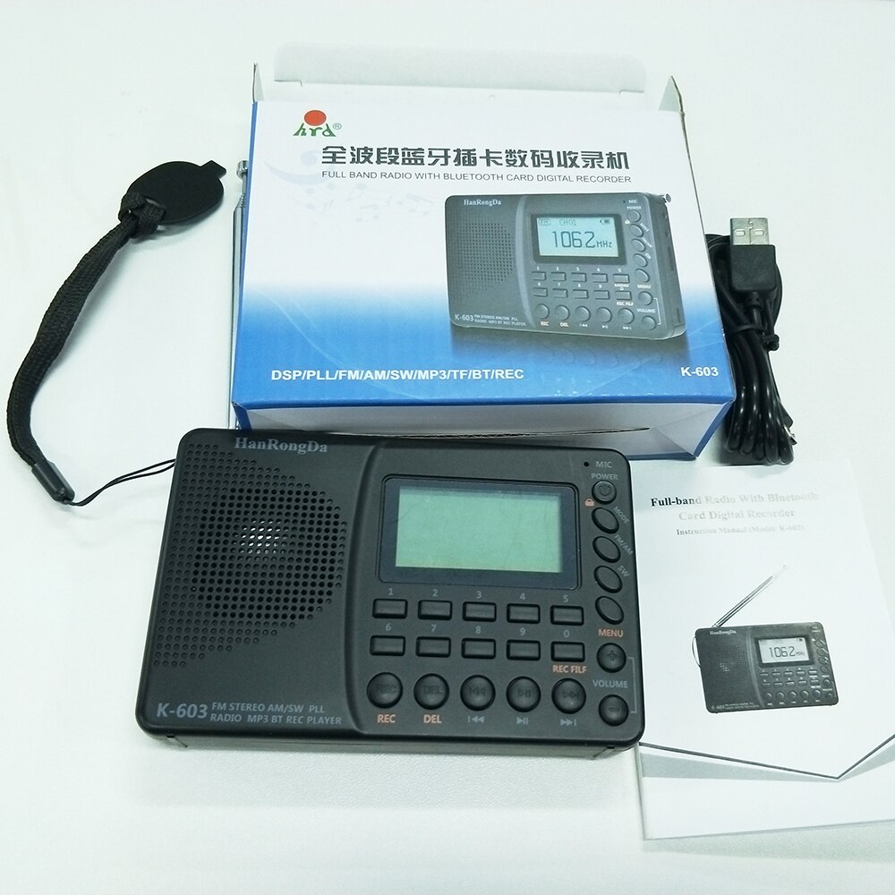 K -603 fuldbånds radio bluetooth fm am sw bærbare lommeradioer  mp3 digital rec recorder understøtter micro sd tf kort sleep timer: Default Title