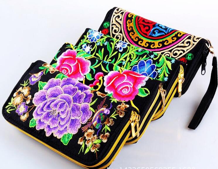 Britt etnisk stil dobbelt broderet dobbelt pull pung damebroderet dobbelt lynlås pung