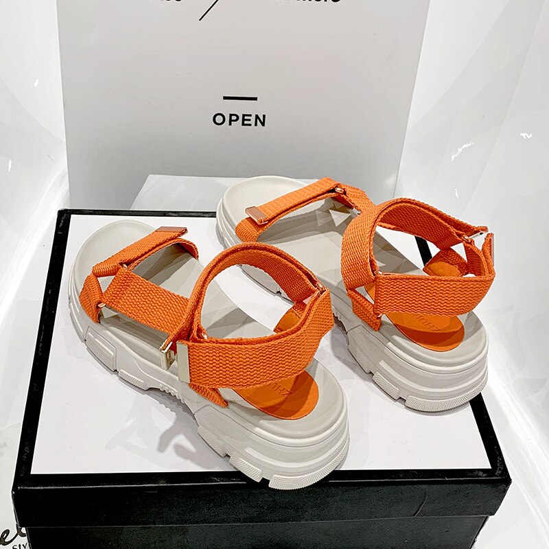 célèbre concepteur tissu bande plate-forme sandales femmes t-sangle crochet & boucle gladiateur sandalias confortable cales chaussures d'été pour les femmes: Orange / 6