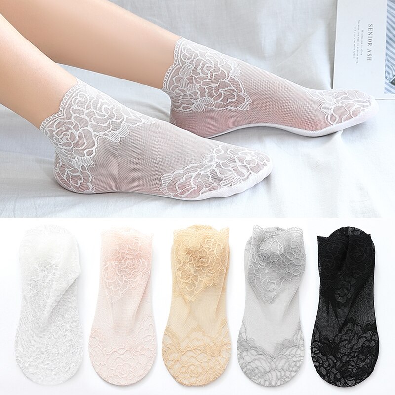 Calcetines tobilleros invisibles antideslizantes para mujer y niña, medias de malla de encaje con flores, elásticas, ultrafinas, 5 pares: 5Pairs Colors