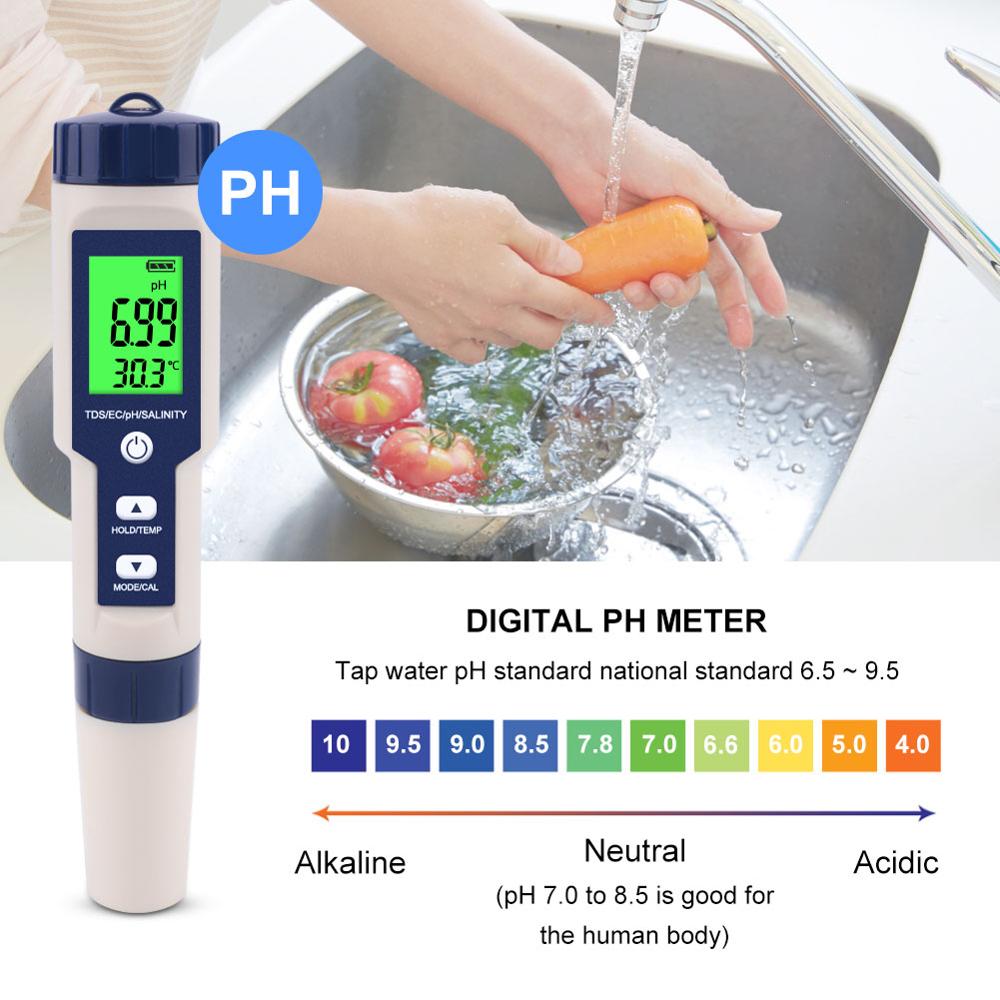 Digitale Water Tester 5 In 1 Ph/Tds/Ec/Zoutgehalte/Temperatuur Tester Pen Waterdichte Multi-functie Meter Voor Aquarium Zwembad