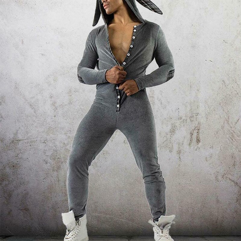 Plaid Print Men's Pajamas Men's Adults Playsuit Pajamas Back Cover Back Button Home Flap Adults Casual Jumpsuit Men: Gray / XXXL