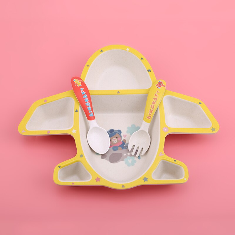Vliegtuigvorm keramiek baby leer servies babyvoeding dinerborden pallet + vork + lepel baby servies 1 set: Geel